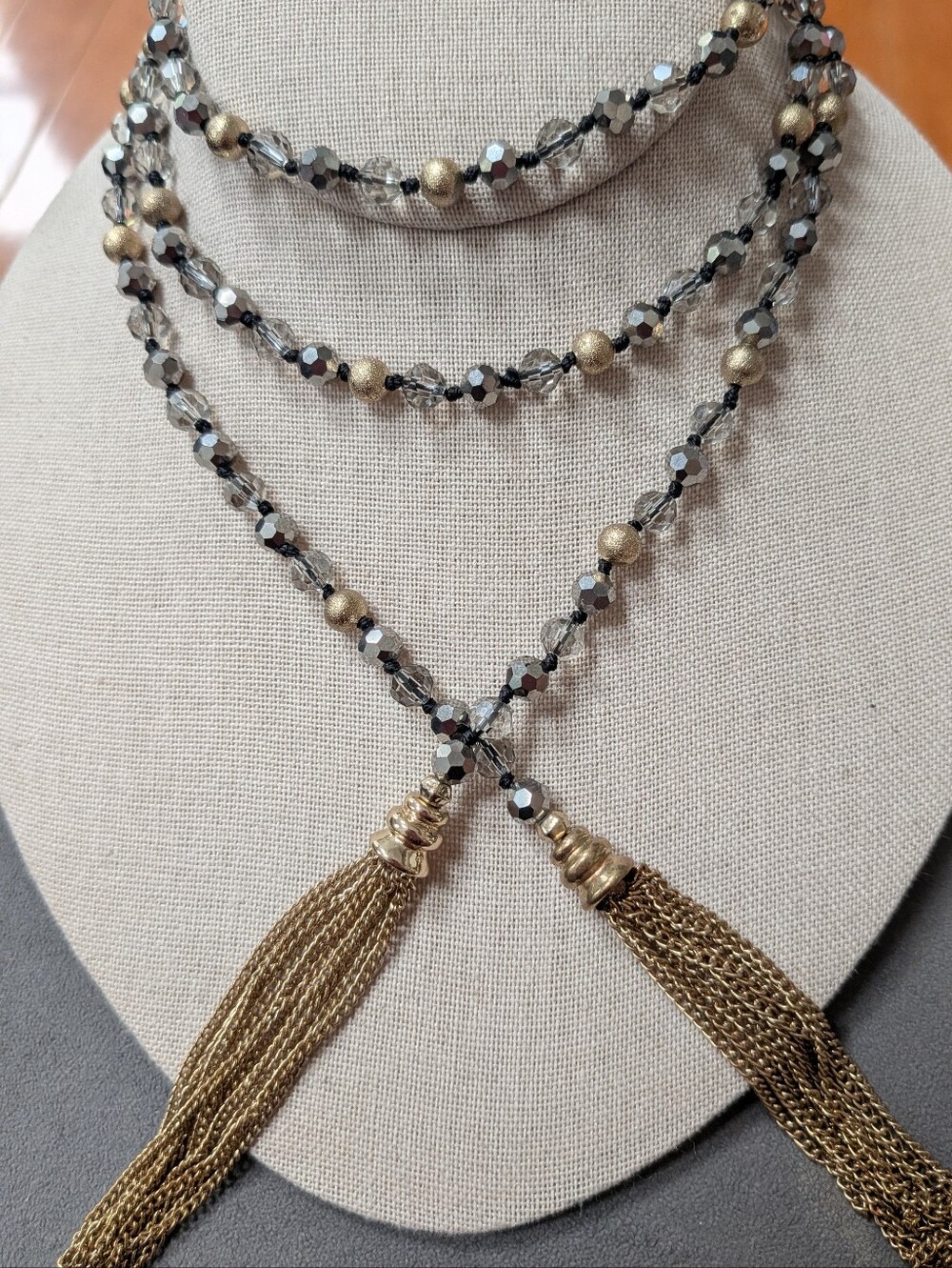 Crystal and Gold Tone Tassel Necklace